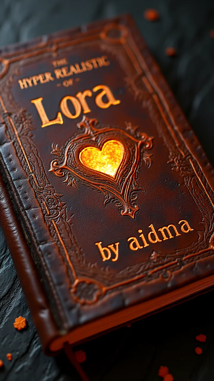 A worn leather mystic magic book with intricate glowing stitching and texture, with the title:"Hyper Realistic Lora" and the small stitching with text:"by aidma" myde of fire embossed on the cover, showing every crack and detail of the material, aidmaHyperrealism