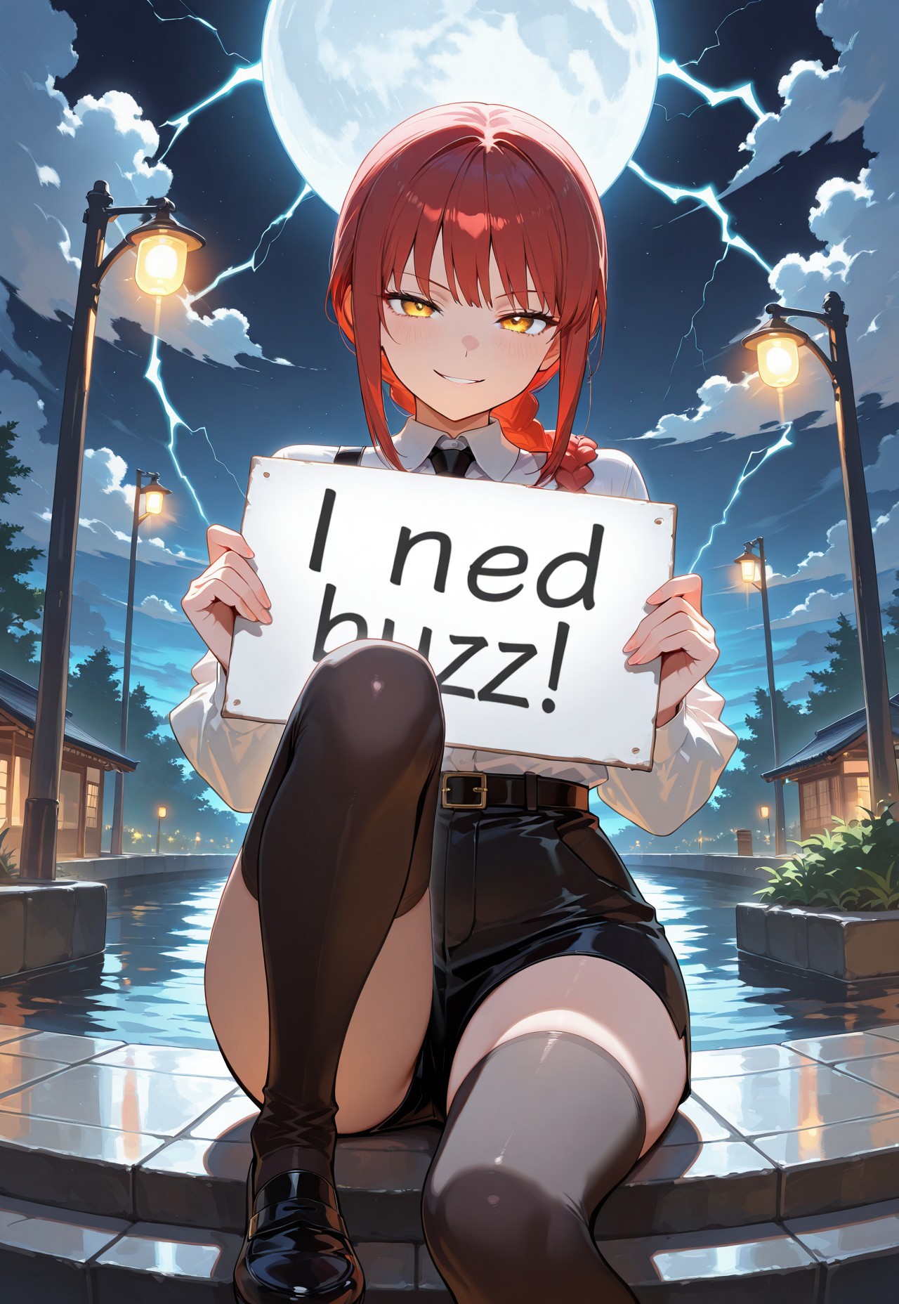 score_9, score_8_up, score_7_up, masterpiece, best quality, amazing quality, extremely detailed, absurdres, 1girl, makima, solo, sexy, night, sitting in front of moon, one knee up, holding sign, need_buzz, evil smirk, smirk widely, looking at viewer, eye contact, highly detailed, cinematic lightning.