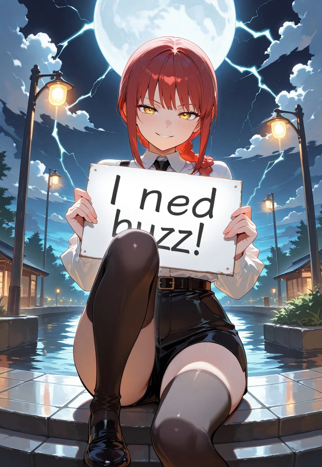 score_9, score_8_up, score_7_up, masterpiece, best quality, amazing quality, extremely detailed, absurdres, 1girl, makima, solo, sexy, night, sitting in front of moon, one knee up, holding sign, need_buzz, evil smirk, smirk widely, looking at viewer, eye contact, highly detailed, cinematic lightning.