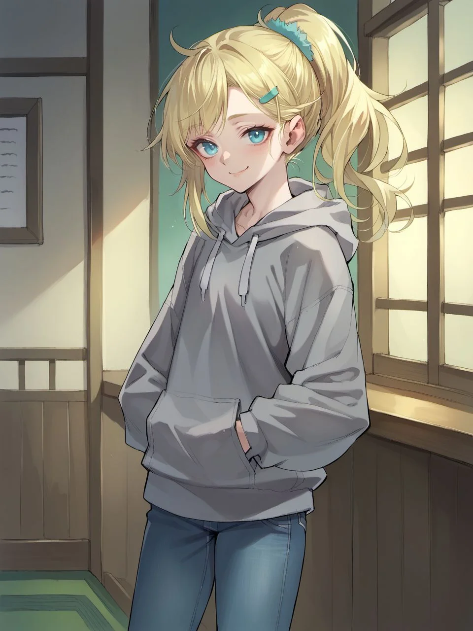 score_9, score_8_up, score_7_up, score_6_up, qjukiyo,
1girl, solo, long hair, looking at viewer, smile, hair ornament, long sleeves, closed mouth, blue eyes, standing, ponytail, hairclip, indoors, hood, blonde hair, hoodie, hood down, smug, grey hoodie, jeans,
<lora:Kujou_Kiyo-000007:1>,