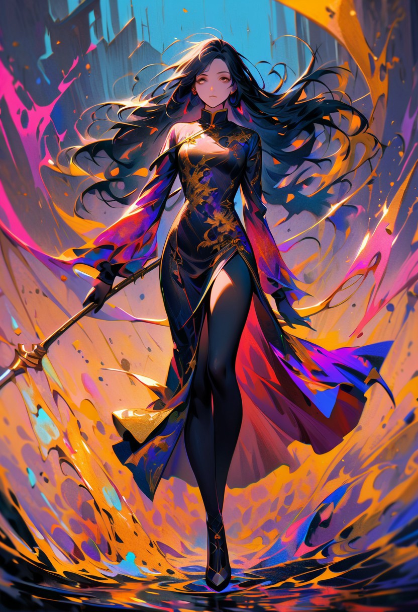 score_9, score_8_up, score_8_up, ((Cinematic composition)),((masterpiece)), (resplendent highlighting), 8k.1girl. (Full body). faded watercolours (Klimt :1.2) dadaistic collage (by Bill Sienkiewicz:1.5), strikingly alluring face. brilliant spotlight effect.
1girl, (full body, facing camera, from low to the ground). beautiful Lebanese Chinese princess swinging a battle axe, a modern Chinese qipao of deep purple and black and gold, ((full body)) long naturally wavy black hair caught up by the wind. (resplendent highlighting of her face). Charcoal and colourful oil pastels. impressionistic bidimensional.
surreal, intense colors, liquid, unreal parts, alluring, fluid, perfection, gothic. (Luminous skin dynamically highlighted), Illustration, (klimt:0.8) (Bill Sienkiewicz:1.5). maximum detail, Chinese watercolor and ink technique. Gold leaf highlights.
<lora:xl_more_art-full_v1:0.4> <lora:epi_noiseoffset2:1>3