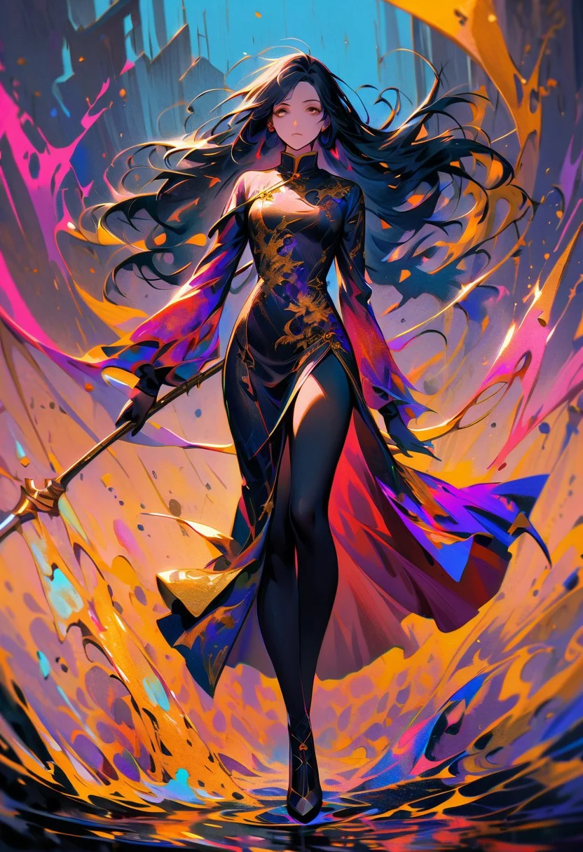 score_9, score_8_up, score_8_up, ((Cinematic composition)),((masterpiece)), (resplendent highlighting), 8k.1girl. (Full body). faded watercolours (Klimt :1.2) dadaistic collage (by Bill Sienkiewicz:1.5), strikingly alluring face. brilliant spotlight effect.
1girl, (full body, facing camera, from low to the ground). beautiful Lebanese Chinese princess swinging a battle axe, a modern Chinese qipao of deep purple and black and gold, ((full body)) long naturally wavy black hair caught up by the wind. (resplendent highlighting of her face). Charcoal and colourful oil pastels. impressionistic bidimensional.
surreal, intense colors, liquid, unreal parts, alluring, fluid, perfection, gothic. (Luminous skin dynamically highlighted), Illustration, (klimt:0.8) (Bill Sienkiewicz:1.5). maximum detail, Chinese watercolor and ink technique. Gold leaf highlights.
<lora:xl_more_art-full_v1:0.4> <lora:epi_noiseoffset2:1>3