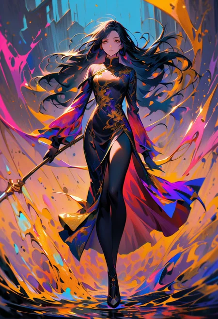 score_9, score_8_up, score_8_up, ((Cinematic composition)),((masterpiece)), (resplendent highlighting), 8k.1girl. (Full body). faded watercolours (Klimt :1.2) dadaistic collage (by Bill Sienkiewicz:1.5), strikingly alluring face. brilliant spotlight effect.
1girl, (full body, facing camera, from low to the ground). beautiful Lebanese Chinese princess swinging a battle axe, a modern Chinese qipao of deep purple and black and gold, ((full body)) long naturally wavy black hair caught up by the wind. (resplendent highlighting of her face). Charcoal and colourful oil pastels. impressionistic bidimensional.
surreal, intense colors, liquid, unreal parts, alluring, fluid, perfection, gothic. (Luminous skin dynamically highlighted), Illustration, (klimt:0.8) (Bill Sienkiewicz:1.5). maximum detail, Chinese watercolor and ink technique. Gold leaf highlights.
<lora:xl_more_art-full_v1:0.4> <lora:epi_noiseoffset2:1>3