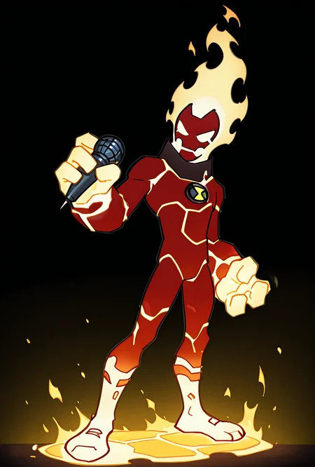 <lora:heatblast-09:1> heatblast, fire, 1boy, dynamic pose, yellow cracks on skin, <lora:17bucks_Style_Illustrious:1> 17bucks, gradient color, 2d, standing, holding microphone, full body , thick outline, black outline, sketch, big head, small body,, masterpiece, best quality, amazing quality, very aesthetic, absurdres, newest,