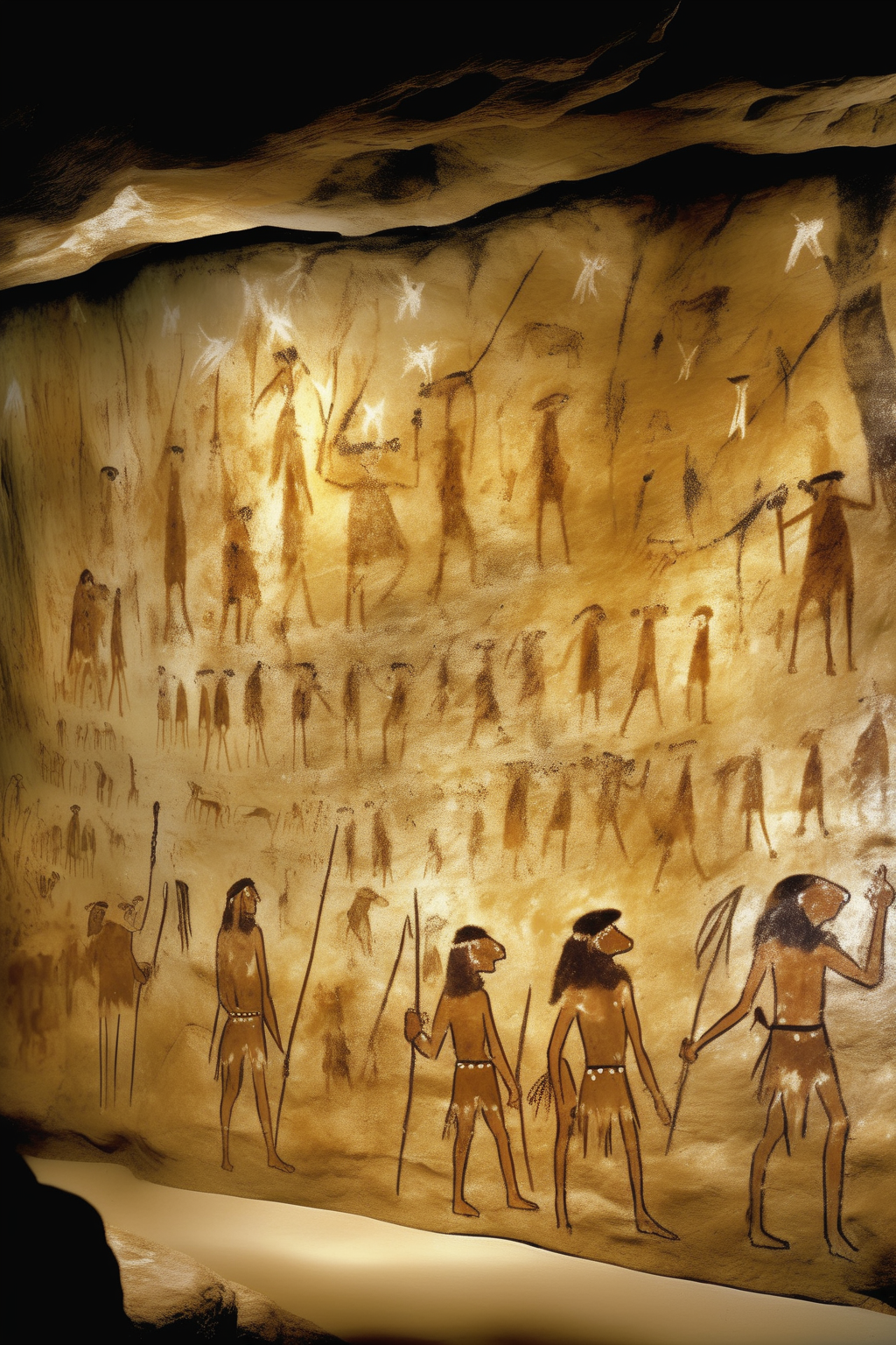 <lora:Lascaux:1>Lascaux - early stone age humans wearing animal skins, with animal bones for jewelry, draw famous prehistoric drawings of animal hunts on the walls of the cave at Lasceaux, France, illuminated only
