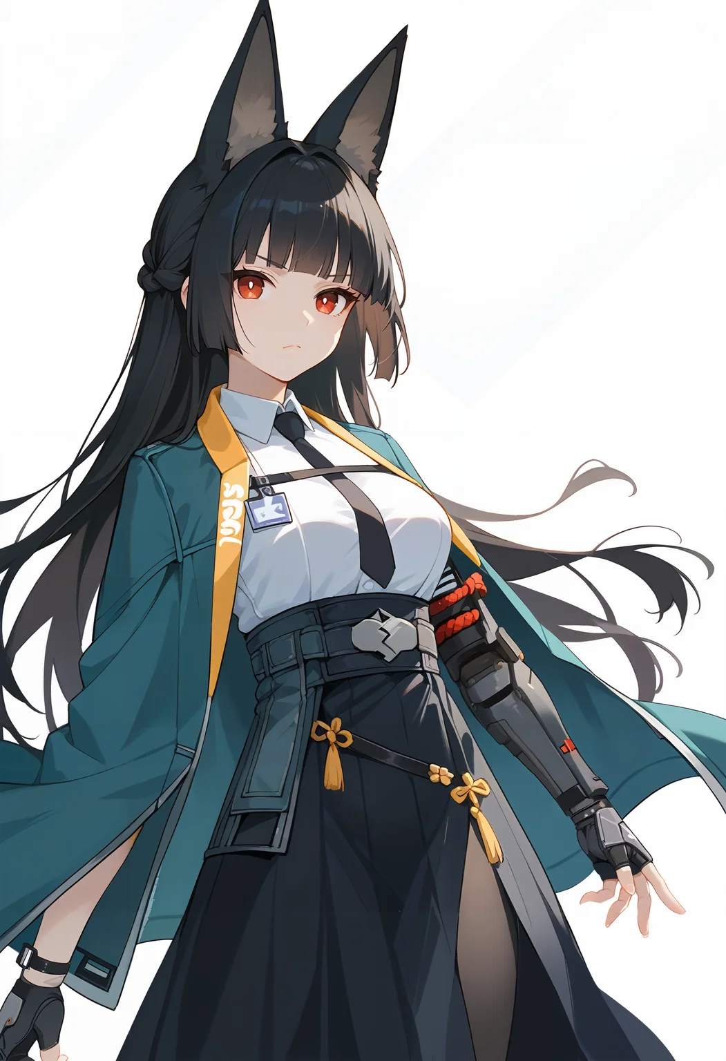 score_9_up,score_8_up,score_7_up,<lora:zero_ya_pony-000036:1>,
ZERO_Y,green cape,black hair,solo,animal ears,black skirt,red eyes,black necktie,sheath,black pantyhose,white shirt,robotic arm,looking at viewer,closed mouth,high-waist skirt,standing,id card,white_background,simple_background,fingerless gloves,frown