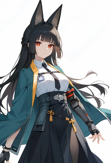score_9_up,score_8_up,score_7_up,<lora:zero_ya_pony-000036:1>,
ZERO_Y,green cape,black hair,solo,animal ears,black skirt,red eyes,black necktie,sheath,black pantyhose,white shirt,robotic arm,looking at viewer,closed mouth,high-waist skirt,standing,id card,white_background,simple_background,fingerless gloves,frown