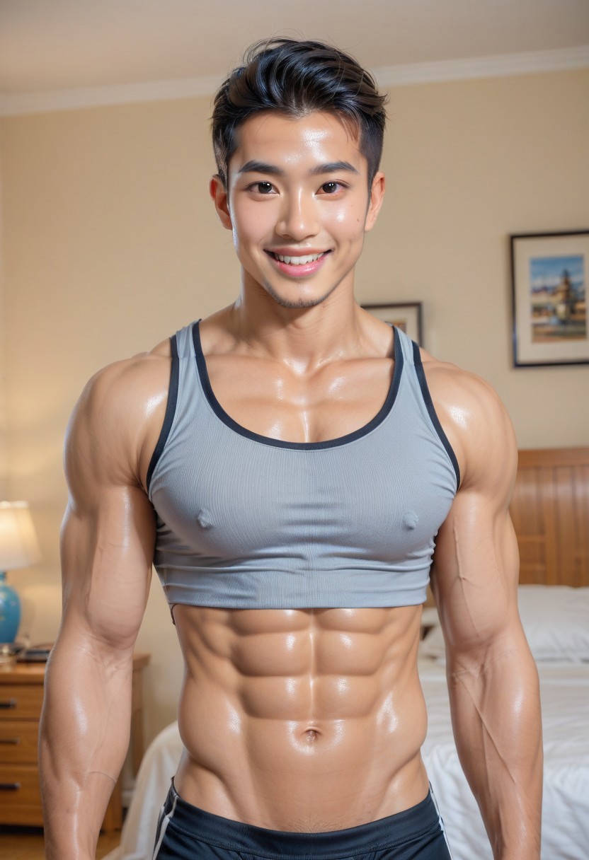 close-up of a fit Asian male, very muscular, photograph, ((masterpiece)), ((best quality:1.2)), High Resolution, 8k, (ultra_realistic:1.3), (photorealistic:1.4), sharp focus, man, (perfect nod face), extra wide-range, (wearing lycra), lycra crop top, (((lycra bulge))), male focus, shortest black hair, age 28, (perfect handsome young cute face:1.4), smiling, (shiny white skin:1.3), (attractive muscular hunk), (broad shoulders), large pectorals, depth of field, in a bedroom,