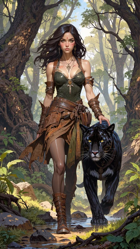In the heart of a dense, ancient forest, where the trees stretch endlessly toward the heavens and the air hums with primal energy, a figure emerges from the shadows. She is a Wildborn, her human form subtly touched by the essence of the wild, her lithe frame adorned with faint, tiger-like stripes that shimmer in the dappled sunlight filtering through the canopy. Her eyes, a piercing amber, glow with an inner fire, reflecting the untamed spirit of the wilderness. Her hair, a cascade of dark chestnut waves, falls freely down her back, interwoven with small feathers and beads that speak of her deep connection to nature. Her face is fierce yet alluring, with high cheekbones, a sharp jawline, and full lips painted a deep, earthy red. Her ears, slightly pointed, twitch at the faintest sounds of the forest, and her nose, small and slightly upturned, flares as she inhales the scent of the earth.
She is a Beast Master Ranger, a master of the wild, and by her side strides a massive, sleek panther, its fur as black as midnight, its eyes glowing with the same primal energy that courses through her veins. The panther moves with silent grace, its muscles rippling beneath its dark coat, a perfect extension of her will. She wears a revealing yet practical outfit, a blend of leather and fur, designed for both mobility and protection. Her top, a form-fitting leather corset, is laced tightly across her torso, accentuating her curves while leaving her shoulders and midriff bare. The leather is dyed a deep forest green, adorned with intricate patterns of vines and leaves that seem to shift and move as if alive. Her arms are wrapped in leather bracers, etched with runes that glow faintly with primal magic. Around her neck hangs a necklace of animal teeth and claws, trophies from her hunts, and a small pouch at her hip holds herbs and potions for healing.
Her lower body is clad in a skirt of layered leather strips, each one dyed in shades of brown and green, allowing for maximum movement while still providing some protection. Beneath the skirt, she wears tight-fitting leggings of a dark, earthy hue, blending seamlessly with the forest floor. Her boots, made of supple leather, are laced up to her knees, the soles soft and silent as she moves through the underbrush.
The scene around her is alive with the sounds and scents of the forest. The trees, ancient and towering, their bark rough and gnarled, stretch endlessly in every direction. The air is thick with the scent of moss and damp earth, and the faint rustle of leaves whispers secrets of the wild. A small stream winds its way through the forest, its waters crystal clear, reflecting the dappled sunlight that filters through the canopy. Birds chirp in the distance, their songs a symphony of life, while the occasional growl of a predator echoes through the trees, a reminder of the untamed nature of this place.
The overall color palette is a rich tapestry of greens, browns, and golds, evoking the essence of the forest. The light, filtered through the leaves, casts a soft, golden glow over the scene, highlighting the Wildbornâs features and the sleek form of her panther companion. The atmosphere is one of both danger and beauty, a place where life and death are intertwined, and where the Wildborn reigns supreme.
This is not just a portrait; it is a glimpse into the heart of the wild, a testament to the power and grace of the Beast Master Ranger and her bond with the natural world. It is a scene of epic proportions, where the line between human and beast blurs, and where the primal energy of the forest comes alive in the form of a fierce, untamed warrior.
soft pastel anime, Magic style, mythp0rt, DB4RZ