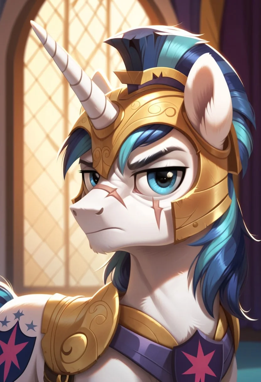 score_9, score_8_up, score_7_up, score_6_up, score_5_up, score_4_up, my little pony, solo, pony, feral pony, male, stallion, shining armor, serious, scar, wound, bandage, guardian helmet, guardian armor, crystal empire, crystal castle, serious, sad, look at you, beautiful, detailed, (detailed cute pony face), detailed fur, beautiful, vector, flat colors, (beautiful long eyelashes), ((close-up)), high angle