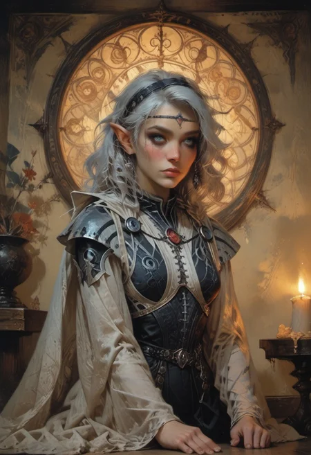 score_9, score_8_up, score_7_up, ((waist-up portrait, kneeling, face focus, eye focus, dynamic angle, motion)), 1girl, fantasy, (ph4nt0m01l), (Tarot Card Style), <lora:BGIsobel:1.0>, (BGIsobel, 1girl, white hair, pointy ears, make up), (isobelArmor), lace, cape, breathless intimacy, tanned skin, petite model bombshell, heart, young, delicate features, narrow pointy nose, tiny nose, white hair, lust, big eyes, seductive eyes, blue eyes, detailed skin, flared lashes, mascara, makeup, perky medium breasts, athletic body, narrow waist, skinny hips,
warm light, detailed, neon dark party, candles, ((occult))
BREAK
milky way, runes, arcane, astral, surreal, ethereal glow, masterpiece, best quality, intricate design. colorful, moonlit nightsky, stained glass aesthetic, moody whimsical color palette, murano glass, bold soldering lines, volumetric light shining through, crepuscular rays, intricate craftsmanship, detailed texture, luminous transparency, reflective light play, vivid hues, atmospheric depth, enchanting silhouette, art nouveau,