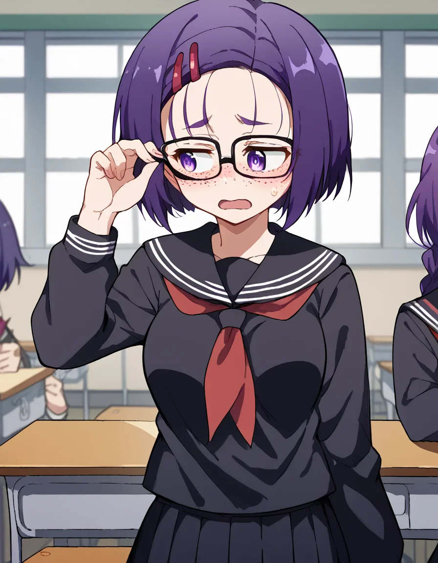 score_9, score_8_up, score_7_up, source_anime, <lora:haruna-sairenji-darkness-ponyxl-lora-nochekaiser:1>, haruna sairenji, hair ornament, hairclip, purple eyes, purple hair, short hair, swept bangs, forehead, medium breasts, <lora:jimiko-ponyxl-lora-nochekaiser:1>, jimiko, glasses, black-framed eyewear, messy, unkempt, thick eyebrows, twintails, braids, freckles, baggy eyes,, blush, open mouth, embarrassed, classroom, adjusting eyewear, serafuku, black serafuku, red neckerchief, skirt, black skirt, pleated skirt, cowboy shot, <lora:averting-eyes-ponyxl-lora-nochekaiser:1>, averting eyes,