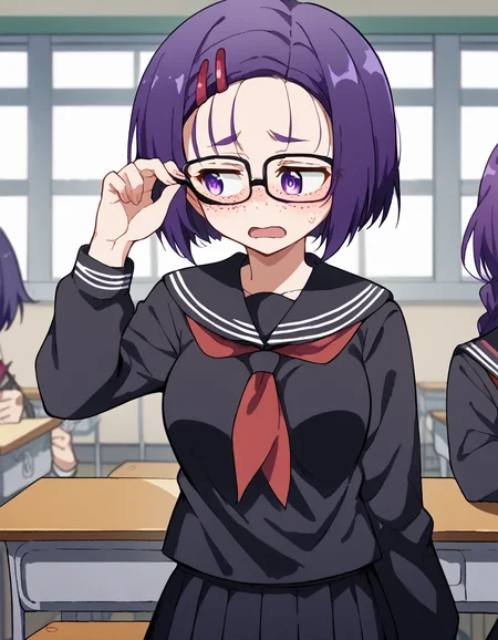 score_9, score_8_up, score_7_up, source_anime, <lora:haruna-sairenji-darkness-ponyxl-lora-nochekaiser:1>, haruna sairenji, hair ornament, hairclip, purple eyes, purple hair, short hair, swept bangs, forehead, medium breasts, <lora:jimiko-ponyxl-lora-nochekaiser:1>, jimiko, glasses, black-framed eyewear, messy, unkempt, thick eyebrows, twintails, braids, freckles, baggy eyes,, blush, open mouth, embarrassed, classroom, adjusting eyewear, serafuku, black serafuku, red neckerchief, skirt, black skirt, pleated skirt, cowboy shot, <lora:averting-eyes-ponyxl-lora-nochekaiser:1>, averting eyes,
