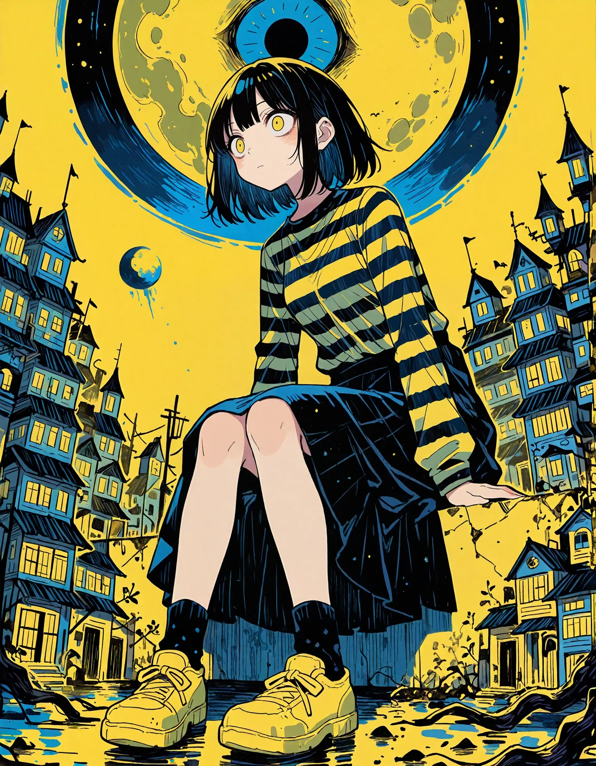 masterpiece, newest, incredibly absurdres, highres, <lora:3Y3S_style:1>,3Y3S_illu, 1girl, skirt, shirt, socks, eyes, solo, striped shirt, striped, shoes, medium hair, long sleeves, yellow eyes, sitting, short hair, black hair, moon, bangs, black skirt, building, limited palette, yellow footwear,yellow background, blue_theme,