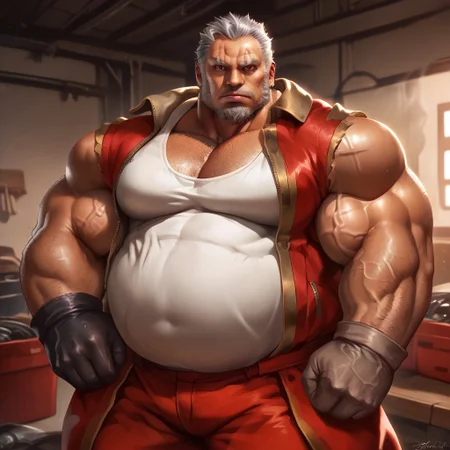 safe_pos, safe_pos, source_anime, detailed background, (score_9, score_8_up, score_7_up), zoroj, masterpiece, best quality, high quality, ultra detailed, highly detailed, high detail, artistic lighting, (highly detailed face, (perfect face, perfect eyes)), depth of field, perfect soft lighting, best shadows, perfect reflections, volumetric, detailed image, high resolution, defined faces, sharp definition,
solo, 1boy, male focus, Amatsumara, old man, mature male, gray hair, short hair, long sideburns, facial hair, goatee, (brown left eye, red right eye), scar, dark skin, red jacket, white tank top, red pants, sash on left bicep, gloves, fat, big belly, extremely hairy body, arm hair, chest hair, musclebears, muscular male, bara, veiny muscles, large male,
G4rage, Indoors, garage, workshop, dynamic poses, various poses, cowboy shot, standing, looking at viewer,