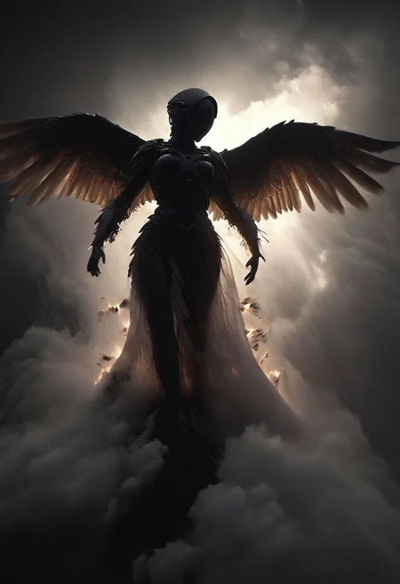Dark luminous translucent Wings, Above the Clouds Loosing feathers, floating feathers, subsurface scattering, Capture the dystopian spectacle of female Icarus ascending too close to the sun, seen from below. Witness her wings, illuminated by the piercing light of a Blood moon, shedding feathers as they struggle against the inevitable descent.
subsurface scattering, Angel Icarus LiS_Robot By tim burton with Large vanta black spreaded Wings, large hooded Cape, liminal space cloud, Neon translucent Soundwaves visible on the face,
atmospheric haze, Film grain, cinematic film still, shallow depth of field, highly detailed, high budget, cinemascope, moody, epic, OverallDetail, 2000s vintage RAW photo, photorealistic, candid camera, color graded cinematic, atmospheric lighting, imperfections, natural, shallow dof