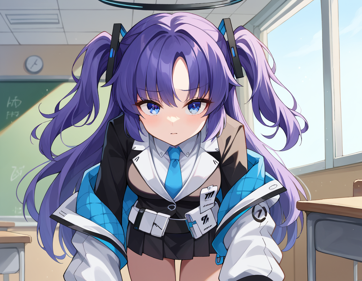 score_9, score_8_up, score_7_up, source_anime,
yuukahayase, <lora:yuuka-hayase-ponyxl-lora-nochekaiser:1>,
yuuka, blue eyes, halo, purple hair, two side up, long hair,
belt, black gloves, black suit, black skirt, blue necktie, gloves, halo, jacket, necktie, off shoulder, skirt, two-sided fabric, two-sided jacket, white belt, white jacket,
indoors, classroom, bent over,
looking at viewer, dutch angle, cowboy shot,