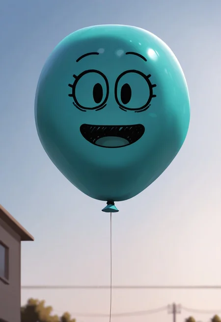 score_9, score_8_up, score_7_up, masterpiece, best quality, amazing quality, Alan Keane, teal skin, 1boy, solo, no humans, balloon, black eyes, open mouth, smile