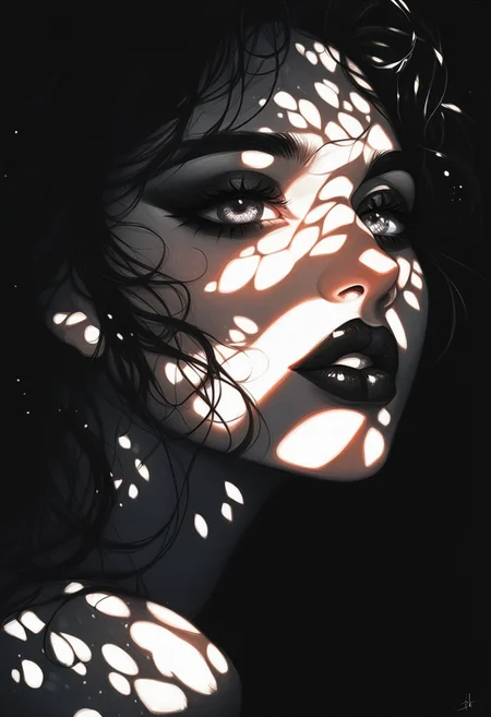 score_9, score_8_up, score_7_up, score_6_up, 1girl, black hair, 23 years old, beautiful, dappled moonlight, lipstick, dark eyeliner, silver light shafts, dark background, portrait, cool color palette, s1_dram