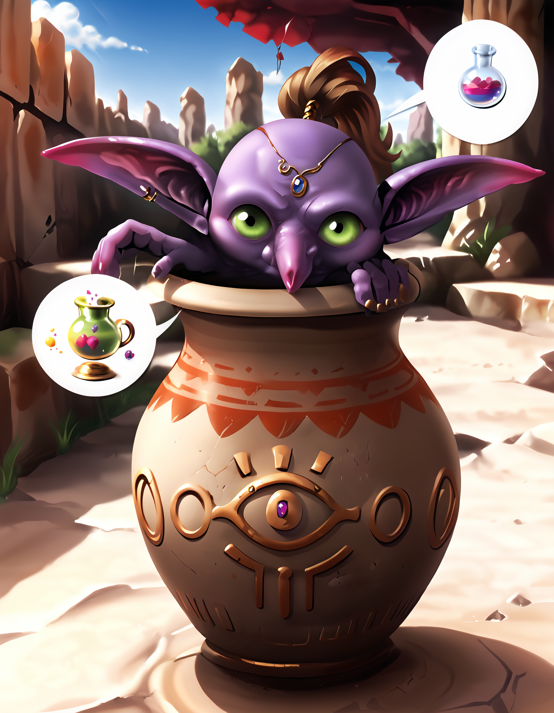 zPDXL3,masterpiece,extreme detailed,full_body,outdoors,dungeon,<lora:Pony_DetailV2.0:1>,day,
BREAK magicpot,no humans,pointy ears,colored skin,<lora:magicpot-pony:1>,speech bubble,round-bottom flask,