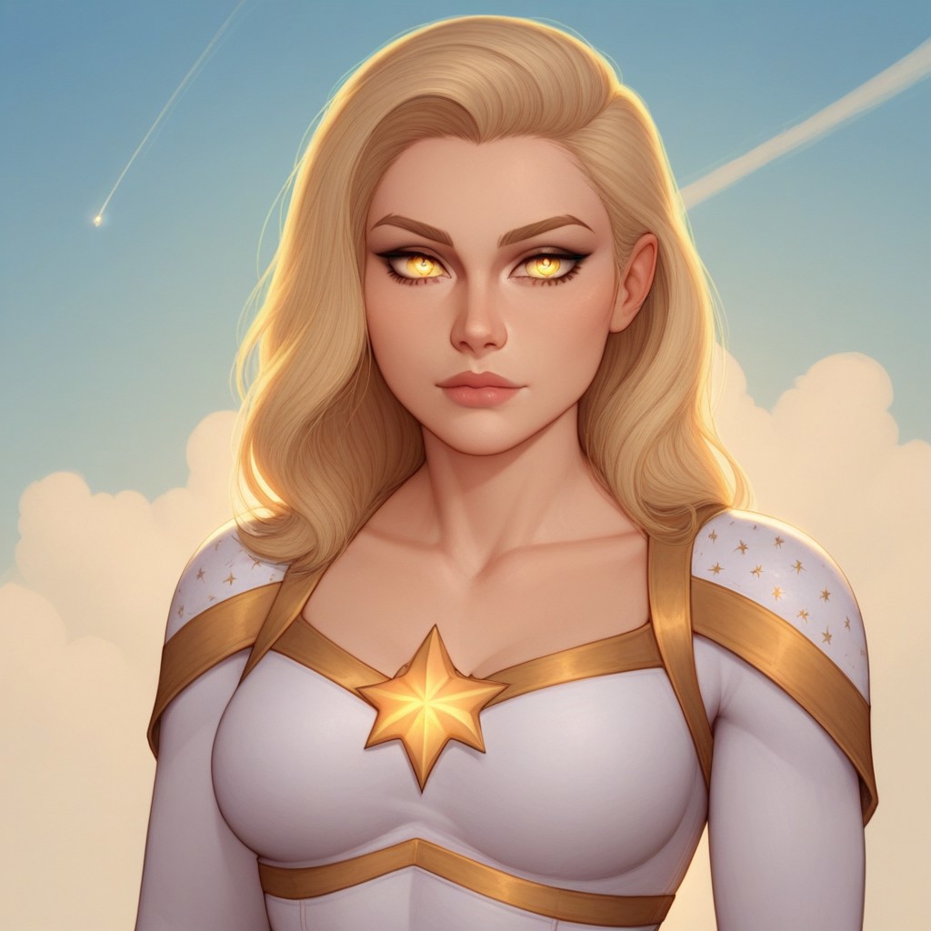 2d, score_9, score_8_up, score_7_up, score_6_up, score_5_up, score_4_up, Expressiveh, 1 girl, solo, intricate details, rating_adult, Expressiveh, WJS07style. starlight, blonde hair, beautiful woman, glowing_yellow_eyes, starlight_costume, sky background, clouds. sunshine in background.