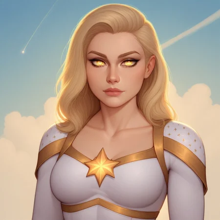 2d, score_9, score_8_up, score_7_up, score_6_up, score_5_up, score_4_up, Expressiveh, 1 girl, solo, intricate details, rating_adult, Expressiveh, WJS07style. starlight, blonde hair, beautiful woman, glowing_yellow_eyes, starlight_costume, sky background, clouds. sunshine in background.
