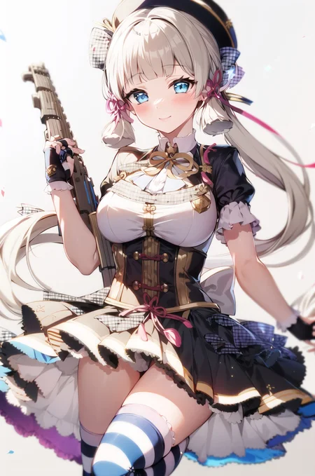 solo, tomoe mami, 1girl, thighhighs, skirt, drill hair, blonde hair, weapon, twin drills, gloves, fingerless gloves, white background, hat, magical musket, gun, corset, ribbon, striped thighhighs, striped, yellow eyes, breasts, simple background, smile, skirt hold, puffy sleeves, beret, looking at viewer, vertical-striped thighhighs, (masterpiece,best quality)