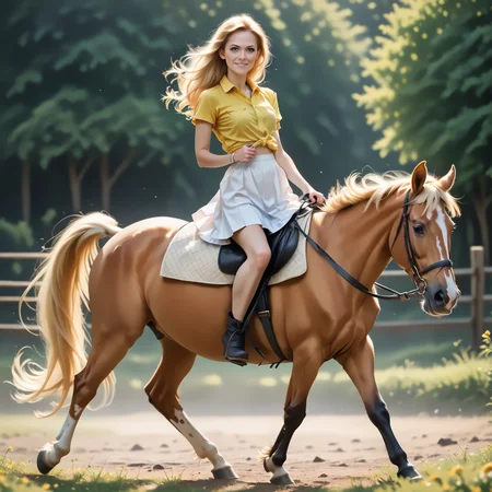 score_9, score_8_up, score_7_up, BREAK, RiHorse, front_view++ (slim 25yo female) riding a galloping horse. The female wears white short skirt and yellow shirt. The female has long blonde hair <lora:RideHorsePony:.8>