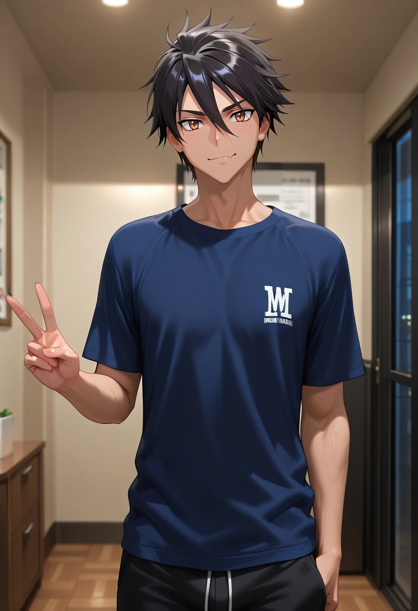 masterpiece, best quality, , (3d:0.4), looking at viewer, 1boy, solo, male focus, <lora:takashi_komuro_ilxl:0.92>, takashi_komuro, black hair, brown eyes, short hair, hair between eyes, cowboy shot, apartment, midnight, v, peace sign, skin fang,