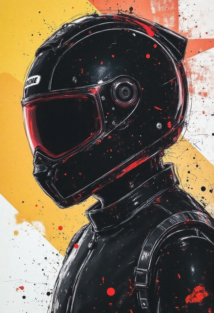 an adroit d3press1on illustration, in the playful scribble drawing style. triadic complementary colors, teal and orange color grading, yellow abstract geometric gradients stain the redish background, black motorcycle helmet, visor down, sheen on lenses
<lora:d3press1on:0.9>