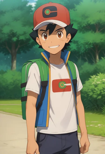 score_9, score_8_up, source_anime, highly detailed, 1boy, solo
ash_j2, 1boy, male focus, brown eyes, hat, shirt, solo, black hair, smile, white shirt, baseball cap, backpack, green backpack,
outdoor,