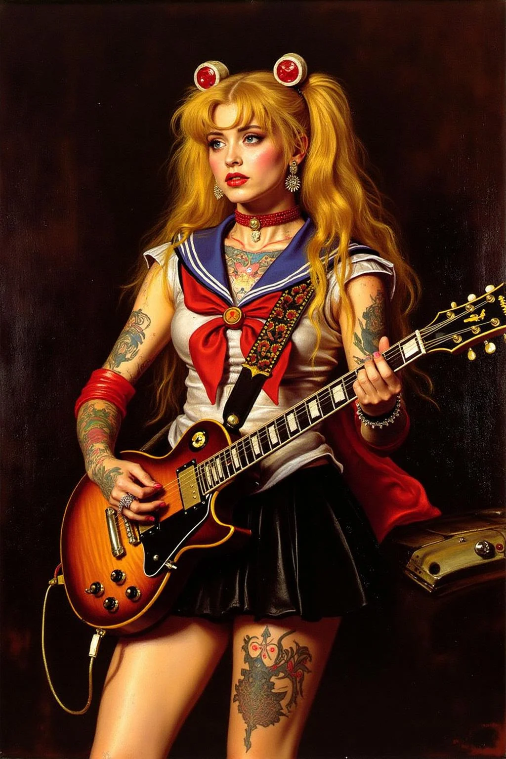 jem1 painting.
of punk sailor moon playing a guitar at a heavy metal mosh pit, tattoos, piercing. <lora:jem1_cap_d6a3:1.0><lora:822891961552769063:0>