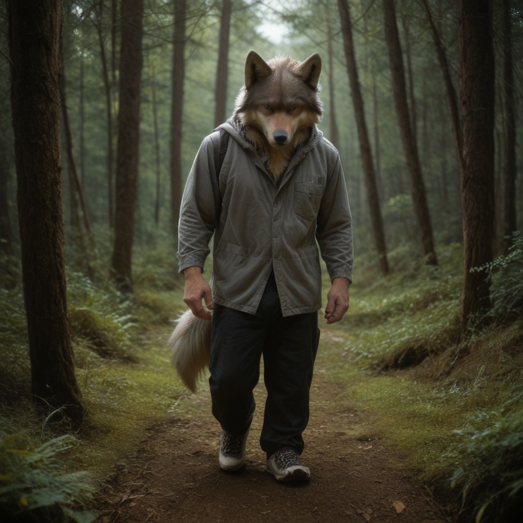 antro, 1boy, wolf, standing, in a forest background, UHD, score_8_up, score_9
