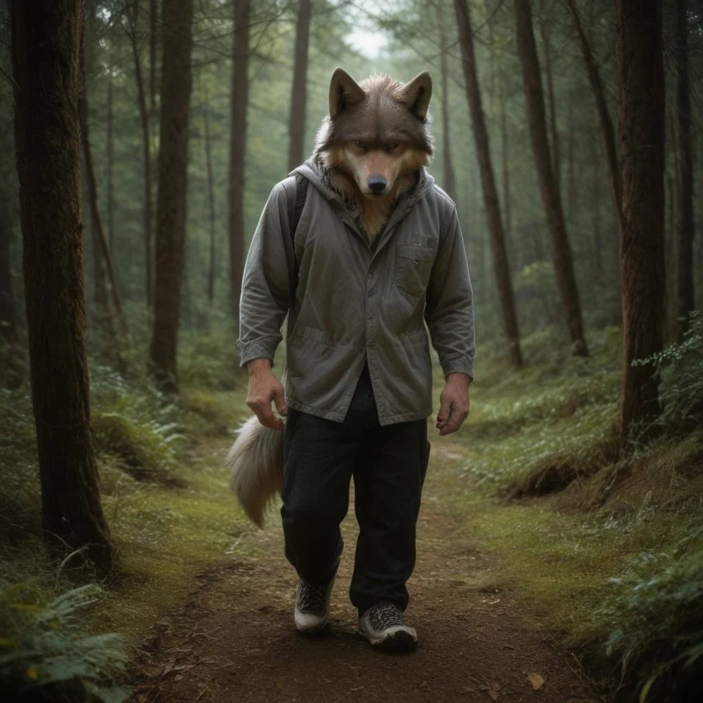 antro, 1boy, wolf, standing, in a forest background, UHD, score_8_up, score_9