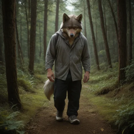 antro, 1boy, wolf, standing, in a forest background, UHD, score_8_up, score_9