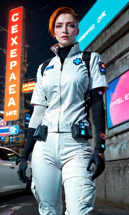 4K UHD, masterpiece, shadowrun_surface, urban city scene, night, shadowrun, cyberpunk, streets, <lora:sdxl\Shadowrun-000009:1>, portrait of a woman, (futuristic paramedic:1.05), three quarter portrait, white (techwear:1.05), doctor, sfw, white pants, trauma team, professional, medical kit, medical equipment, light armor, helmet, cybernetics, red cross on uniform, blue latex gloves