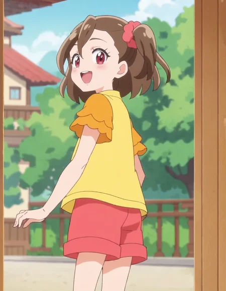 score_9, score_8_up, score_7_up, anime screencap, solo,1girl,sakurahamori, smile, red shorts, looking at viewer, scrunchie, yellow shirt, hair ornament,cowboy shot, blush,open mouth,from behind<lora:sakurahamori_pony:0.8>