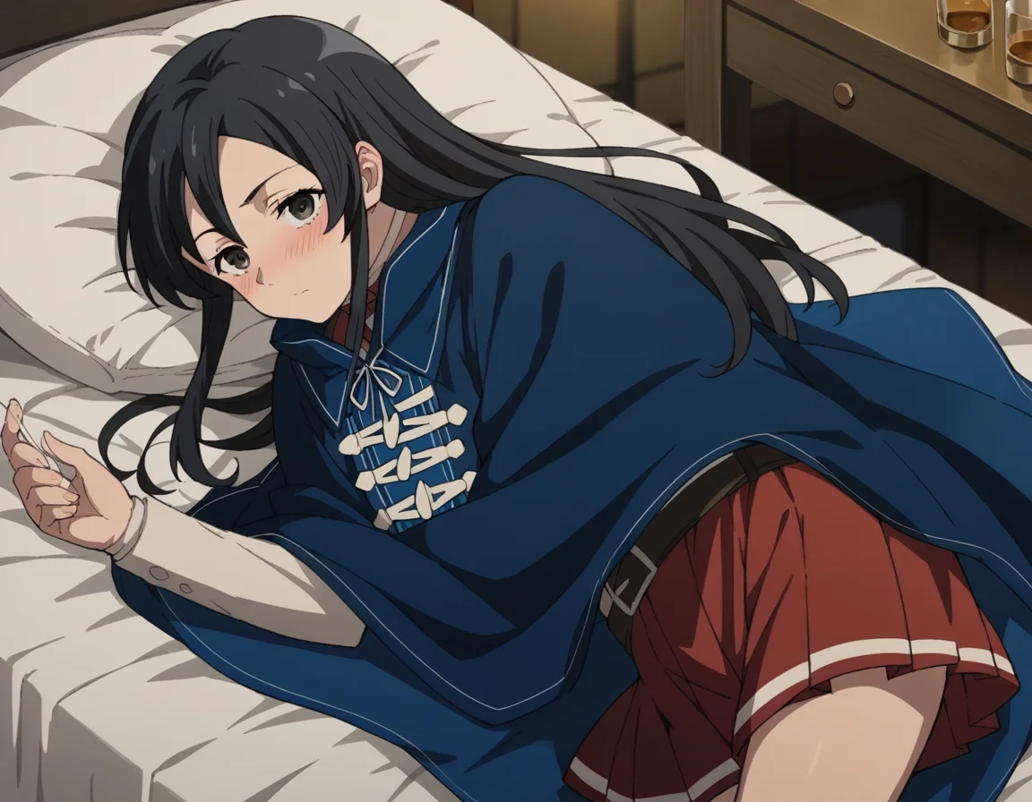 score_9, score_8_up, score_7_up, source_anime,
shizukananahoshi, <lora:shizuka-nanahoshi-s2-ponyxl-lora-nochekaiser:1>,
shizuka nanahoshi, long hair, black hair, black eyes, sidelocks,
skirt, long sleeves, pleated skirt, belt, cape, red skirt, blue cape,
indoors, bed, bed room, on side, blush, drunk,
solo, dutch angle, looking at viewer, cowboy shot,