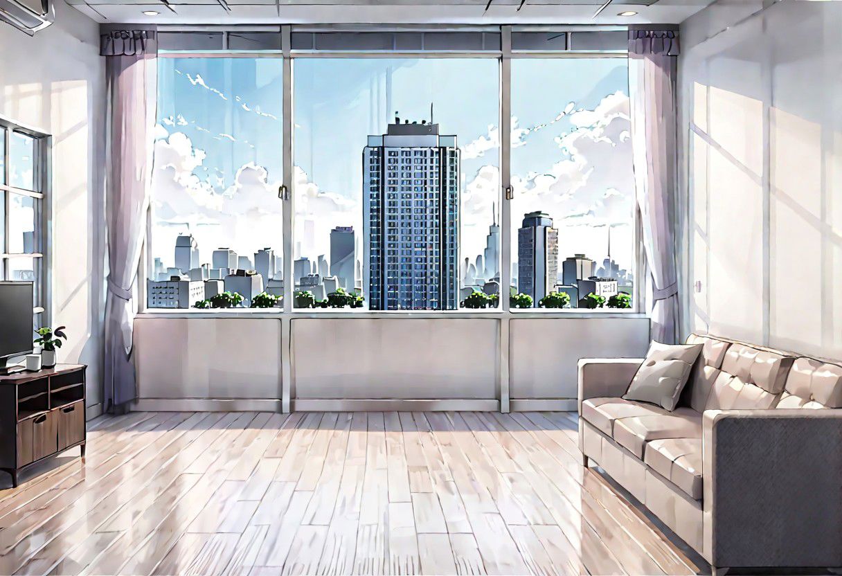 ((((front view)))), Shallow scene, ((animation style)), (((City high-rise building scenery))), ((((City scenery outside the window)))), (Facing the window), (open window), modern-style interior, Wooden floor, with white walls, (large windows), a living room, sofa and coffee table by the window sill, (Behind the sofa is the window sill), noon, clear sky, low saturation
