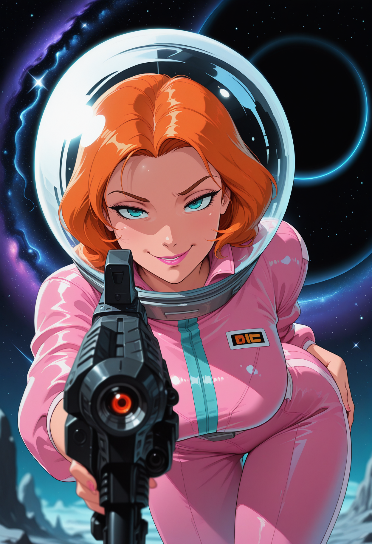 masterpiece, best quality, amazing quality, very aesthetic, absurdres, newest, solo, female, bimbo, ginger hair, aqua eyes, pink lipstick, large breasts, pink jumpsuit, glass helmet, outside, outer space, stars, galaxy, black hole, seductive smirk, holding retro laser rifle, aiming at viewer, (depth of field), sidelighting, sci-fi, retro, disney animation, <lora:ck-70s-scifi-IL:1> <lora:Disney_Animation_v5-V7:1>