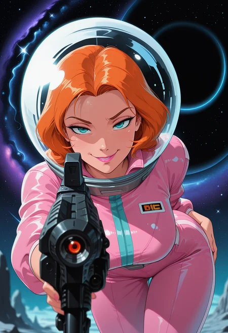 masterpiece, best quality, amazing quality, very aesthetic, absurdres, newest, solo, female, bimbo, ginger hair, aqua eyes, pink lipstick, large breasts, pink jumpsuit, glass helmet, outside, outer space, stars, galaxy, black hole, seductive smirk, holding retro laser rifle, aiming at viewer, (depth of field), sidelighting, sci-fi, retro, disney animation, <lora:ck-70s-scifi-IL:1> <lora:Disney_Animation_v5-V7:1>