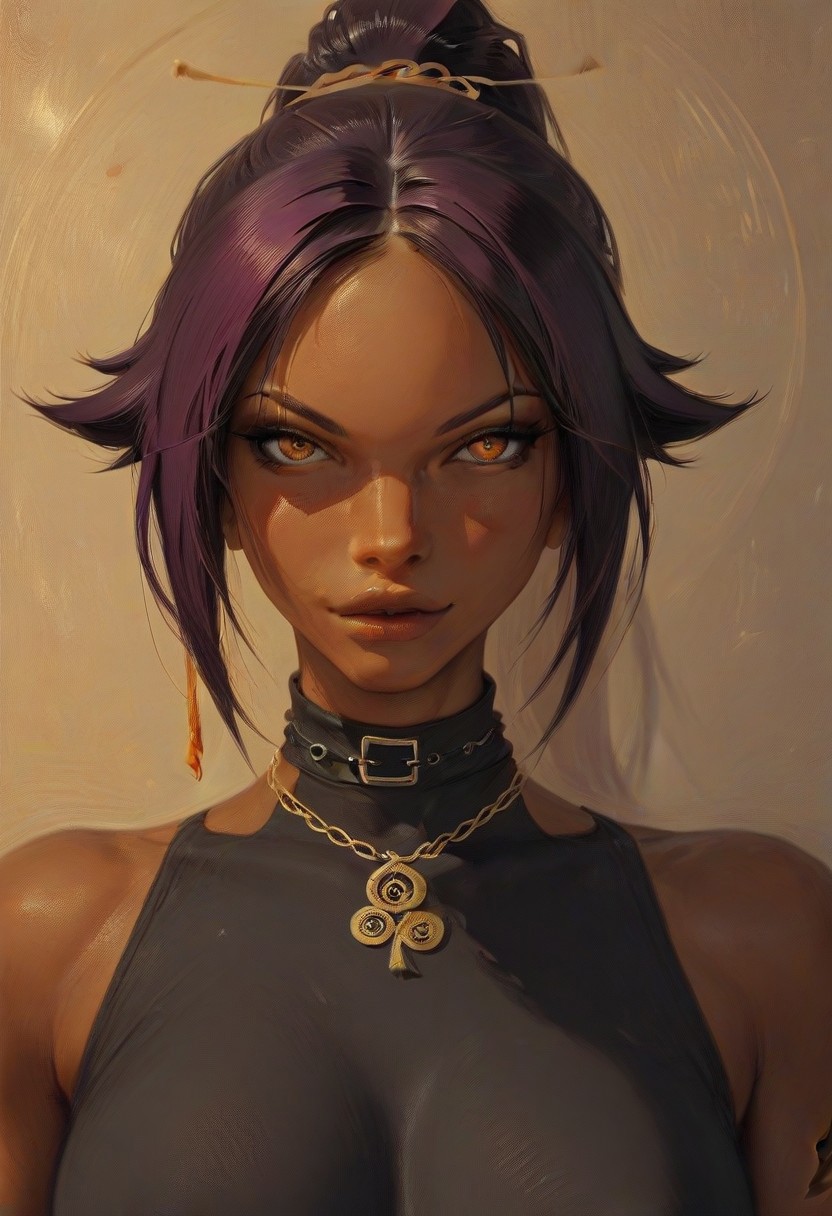 score_9, score_8_up, interesting background, masterpiece, (high quality), complex , highly detaily, (mature), Yoruichi Shihoin, dark skin