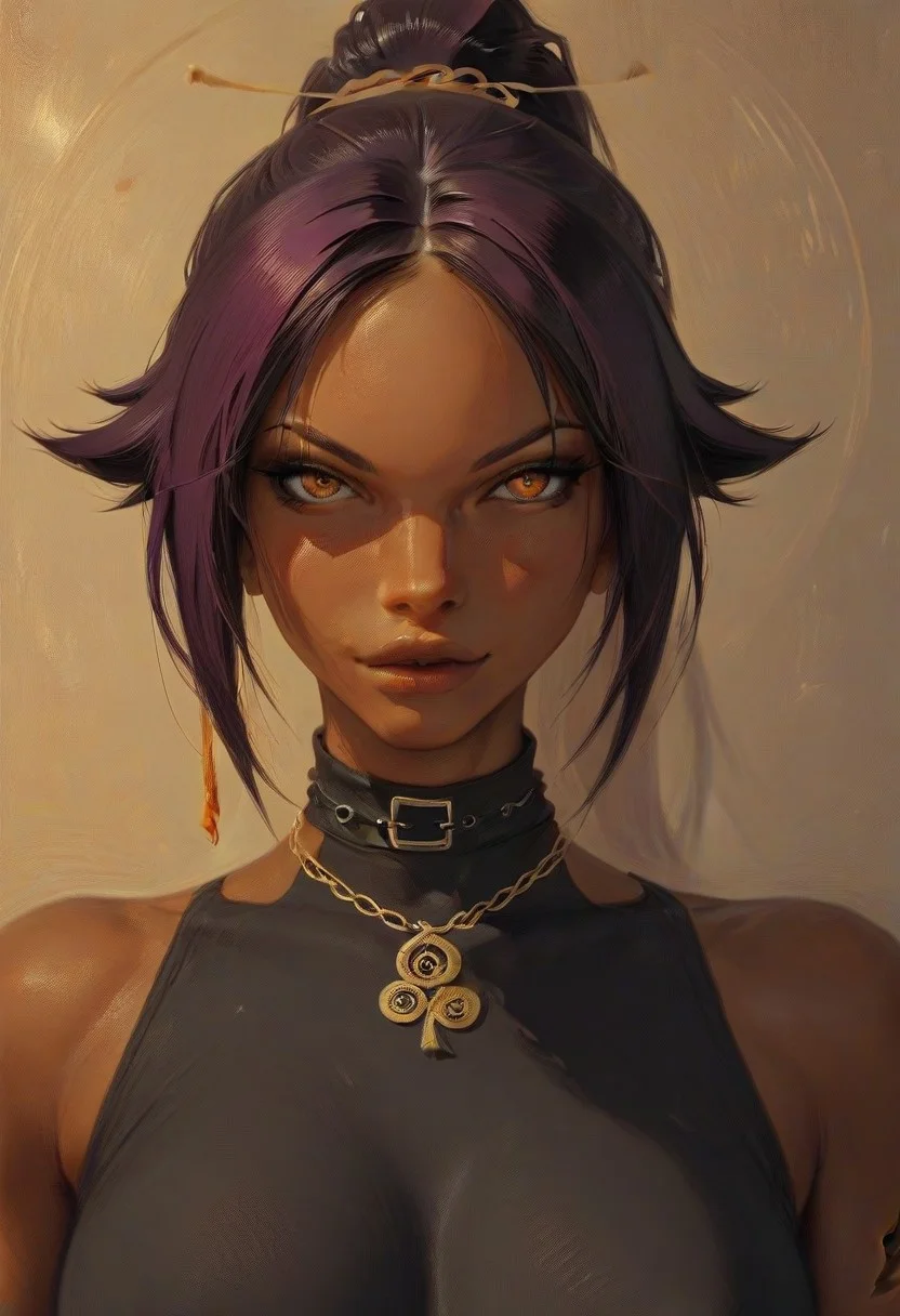 score_9, score_8_up, interesting background, masterpiece, (high quality), complex , highly detaily, (mature), Yoruichi Shihoin, dark skin