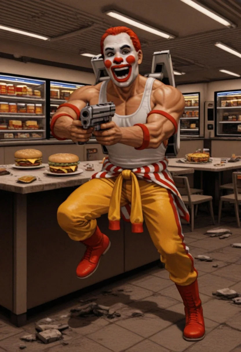 best quality, masterpiece,
lowres, low quality,
1boy, solo, male focus,
full body,
action pose, fighting,
ronald mcdonald,
muscular male, clown,
jumpsuit around waist, white tank top, jetpack, red boots,
holding weapon, holding gun, aiming,
looking at viewer,
indoors, restaurant, mcdonald's, rubble, table, cheeseburger, windows