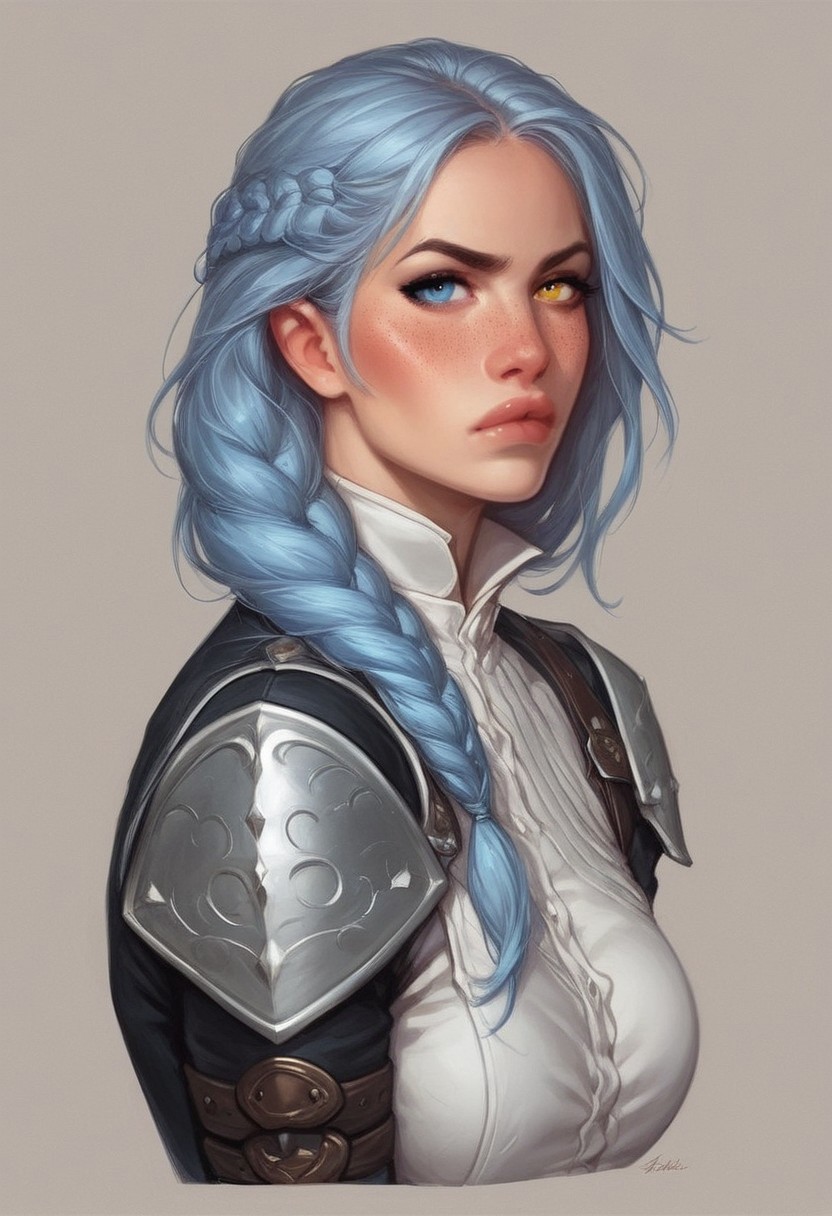 cinematic, (master piece), (best quality), (ultra-detailed), very aesthetic, illustration, perfect composition, intricate details, (best quality, hires textures, high detail:1.2), Mesmerizing, Dimpled, Complete Heterochromia, Almond-shaped, Gray/Silver, Long Hair Styles Layers, Fair, Minimalist, Eclectic, Sloppy, Disheveled, Pout, Blush, Determined, Fidgeting, Dominance, Fist Pump, Freckles, Frieren, owoface (((full-clothed))), ((long big sword in hands, sword in hands)) 
BREAK 
strange world background score_9, score_8_up, score_7_up, score_6_up, source_cartoon, rating_explicit, Expressiveh, (((((portrait))))), dynamic pose