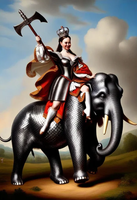 19th century Period painting: covered in scale scaleboundsdxl Queen Victoria, wielding an axe-like thingamabob, riding an elephant, she is amused