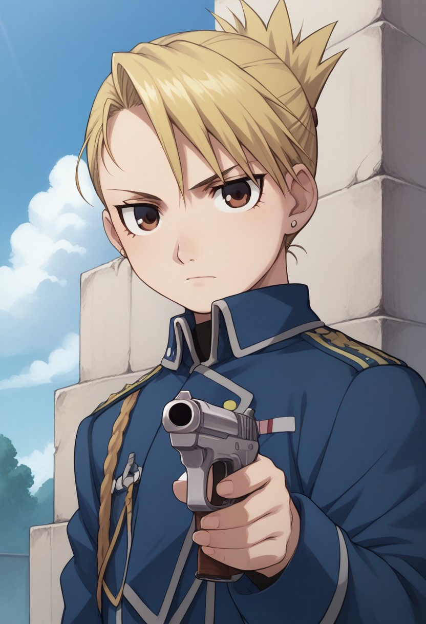 score_9, score_8_up, source_anime, highly detailed, 
riza, 1girl, weapon, gun, blonde hair, solo, military, military uniform, uniform,
folded ponytail, brown eyes, handgun, earrings, upper body,
outdoor,