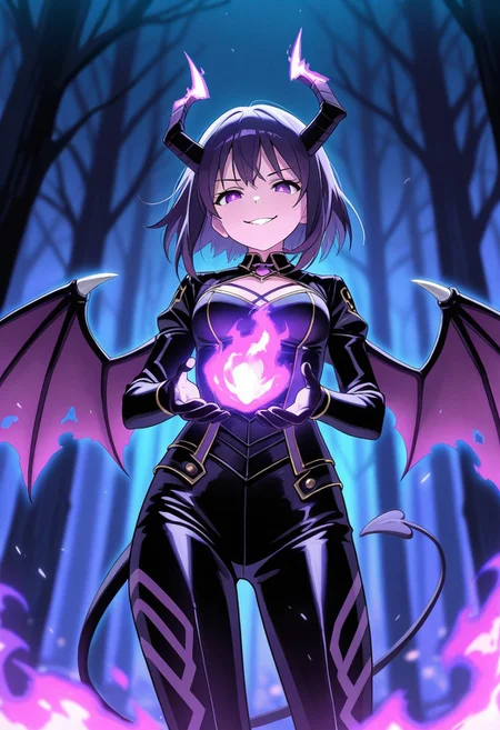 masterpiece, best quality, high quality, high details, source_anime, score_9, score_8_up, score_7_up, extremely detailed,
1girl, demon, short horns, cracked horn, small demon wings, purple eyes, bright eyes, evil smile, dinamic pose, casting fireball, magic effects, mana around body, magic aura,
Burning forest, burning trees, purple fire, dark blurry background, cinematic light, night time, purple theme, dark colours, low angle,