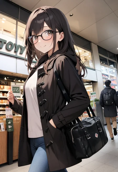 masterpiece, best quality, very aesthetic, absurdres,
1girl, solo, glasses, black hair, long hair, duffle coat, black bag, smile, looking at viewer, solo focus,
ths, storefront, photo background, multiple boys, pants, bag, jeans, walking, indoors, black hair, shirt, brown hair, shop
<lora:sannomiya_hands_SDXL_V1:0.8>