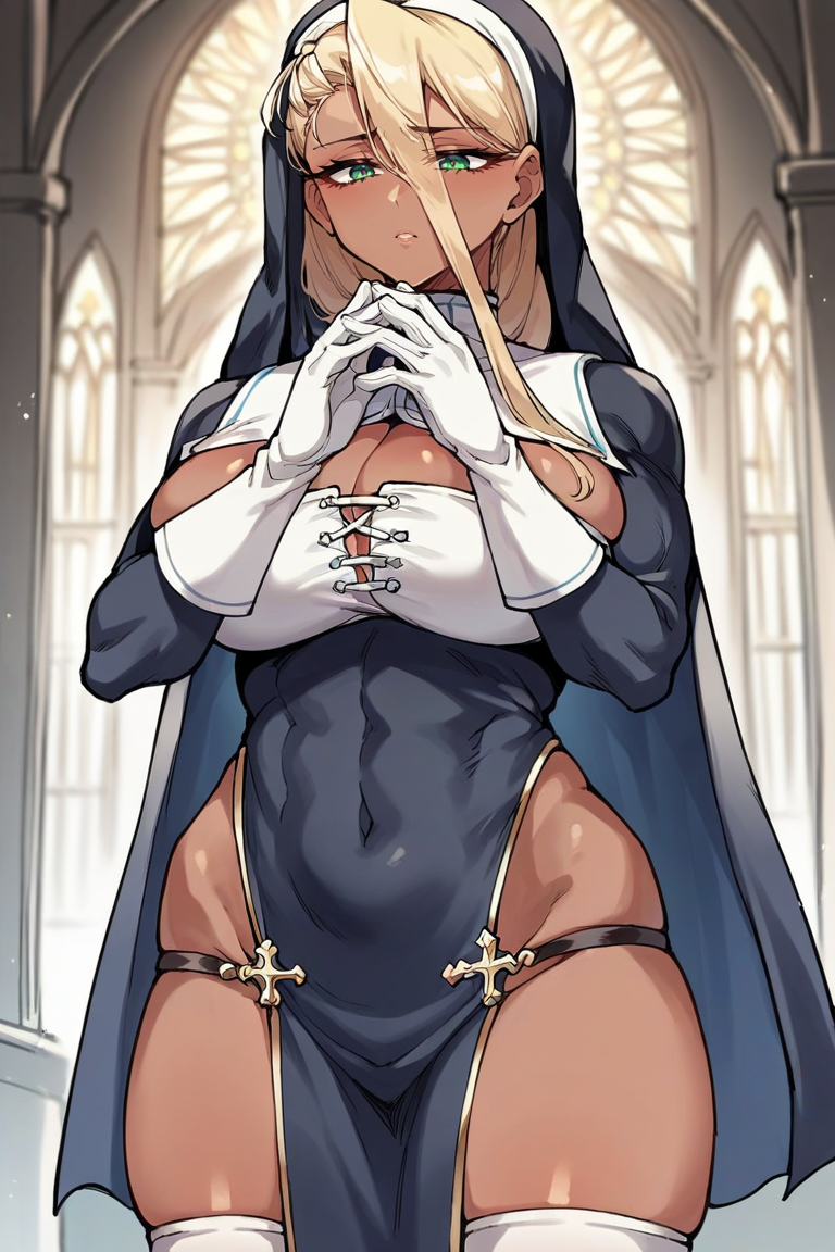 score_9, score_8_up, score_7_up, source_anime,,, 1girl, nun, breasts, thighhighs, large breasts, long hair, , habit, dark skin,  cleavage, dark-skinned female, pelvic curtain, covered navel, muscular, praying